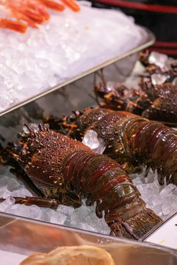 Spiny lobsters on ice in a seafood display case